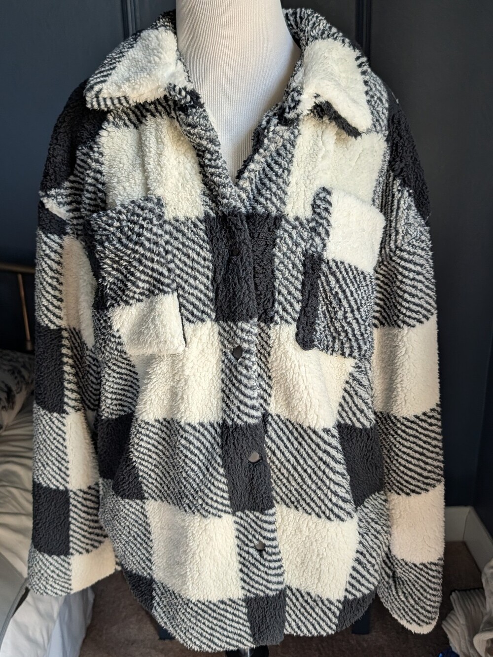 Cozy Black & White Sherpa Plaid Jacket